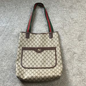 GUCCI Brown GG Supreme Vintage Stripe Handles Vertical Tote Bag